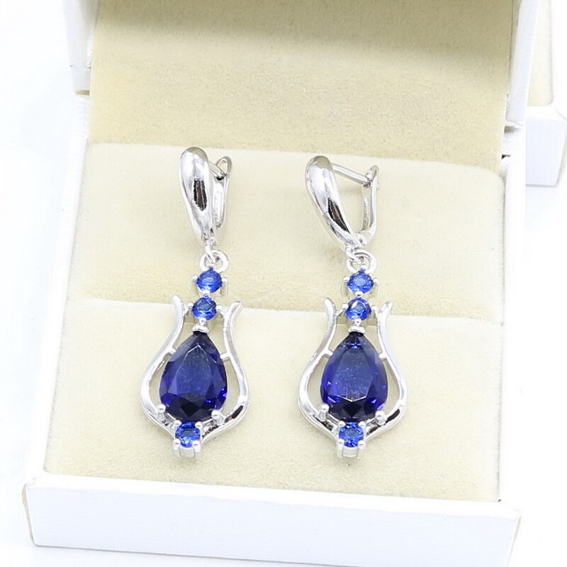 Niebieski szafir spadek kolczyki naszyjnik srebrny 925 komplet biżuterii damskiej bezpłatny prezent biżuteria ślubna