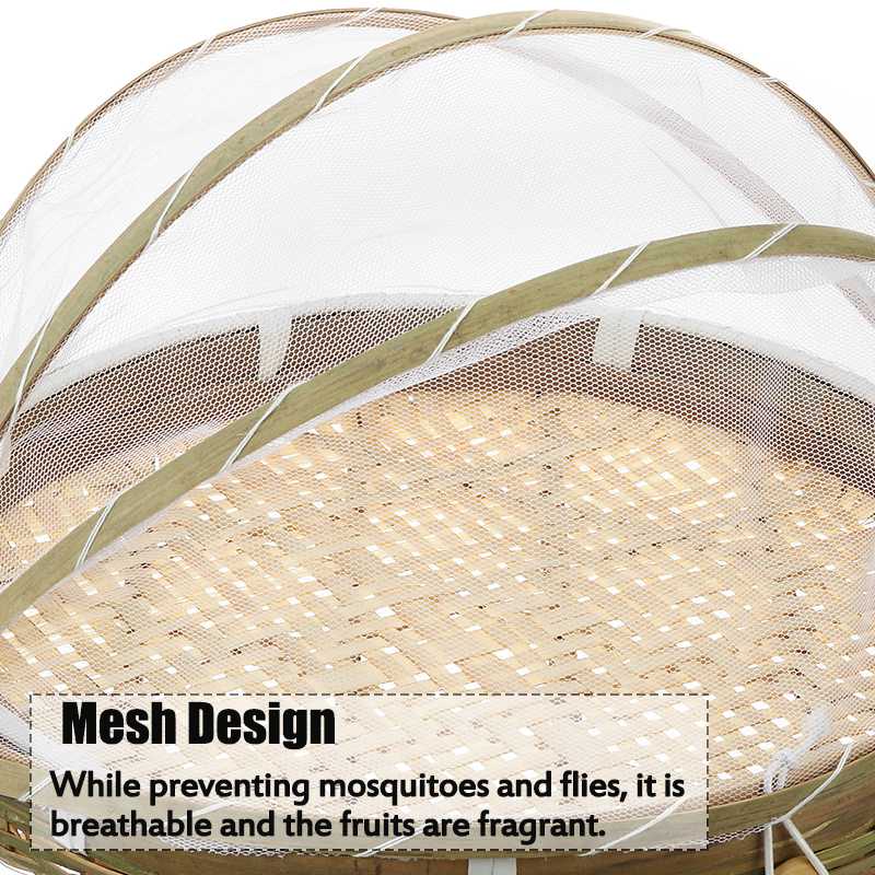 Outdoor Picnic Handmade Bamboo Woven Bug Proof Wicker Basket Dustproof Fruit Tray Food Bread Dishes Cover Gauze Panier Osier