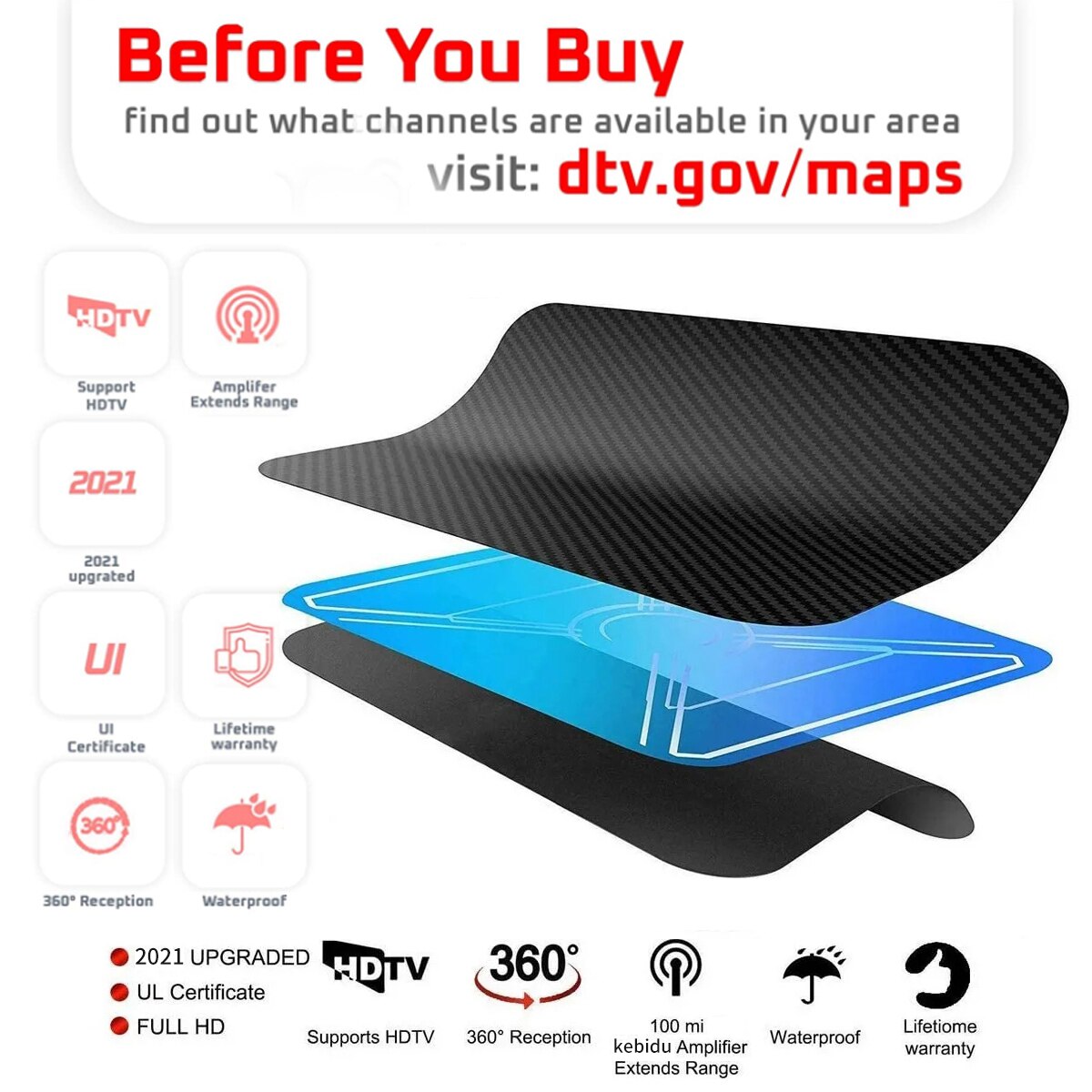 300miles Digital TV Antenna 8K/4K TV Antena 20dB HDTV Antenna 3M HD for Camper Van Caravan Boat Car Bedroom For VHF UHF