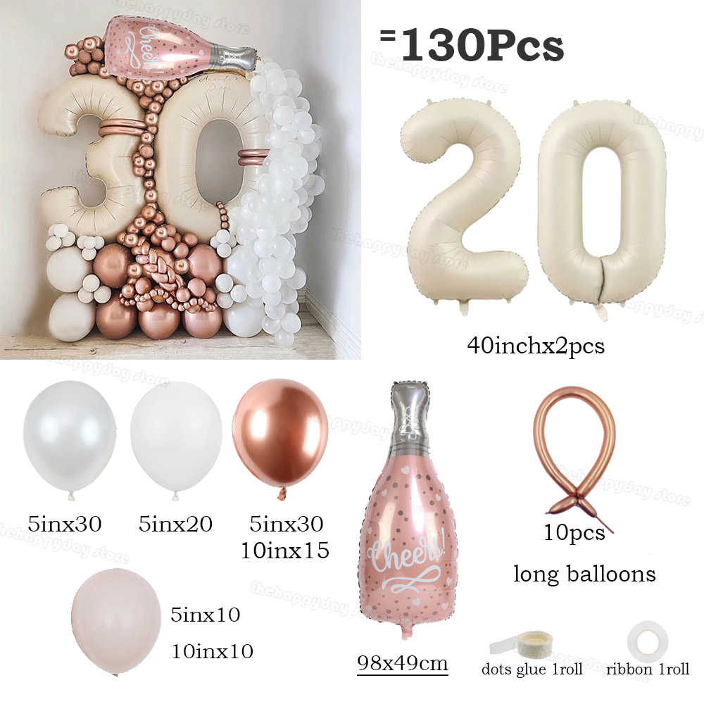 130 Uds. Juego de globos con números de oro blanco y arena crema, globos de aluminio con números de 40 pulgadas para decoraciones de de feliz 20 30 40 50 cumpleaños: Caqui oscuro