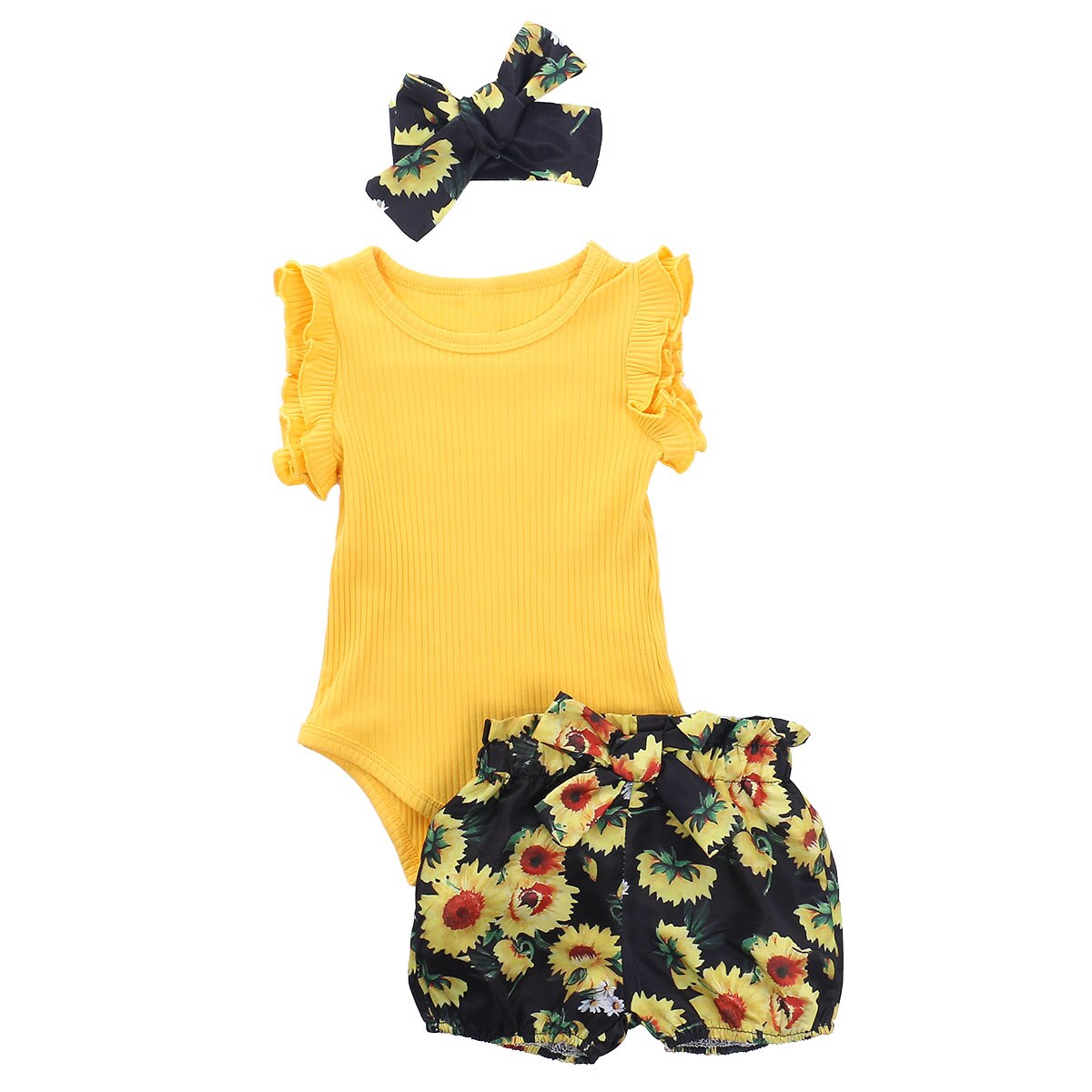 Mise au point 0-24M été filles garçons vêtements ensembles volants Shorts manches barboteuse Shorts floraux bandeau 3 pièces: YELLOW / 6M
