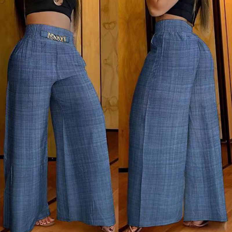 Hohe Taille Einfarbig Breite Bein Hosen Sommer schick verlieren Elegante Metall Ausgestelltes Schlauch Büro Damen Gerade Frauen Hosen: XXL / Blau