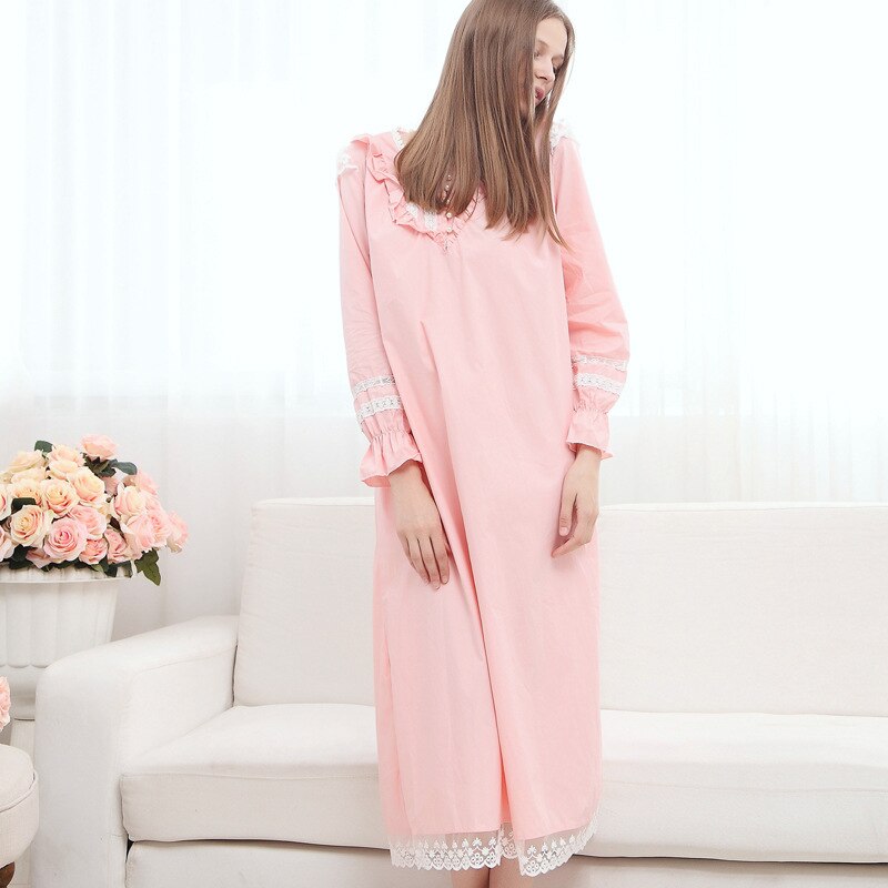 Dames roze vintage nachthemd met lange mouwen, nachtkleding voor dames, prinsessenhuis, katoenen nachthemden voor dames, lounge