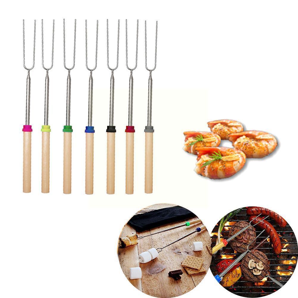 Horquilla de acero en forma de U para barbacoa, pinchos de madera con aguja, herramienta de parrilla , mango telescópico doble, 1 pieza, H2I8