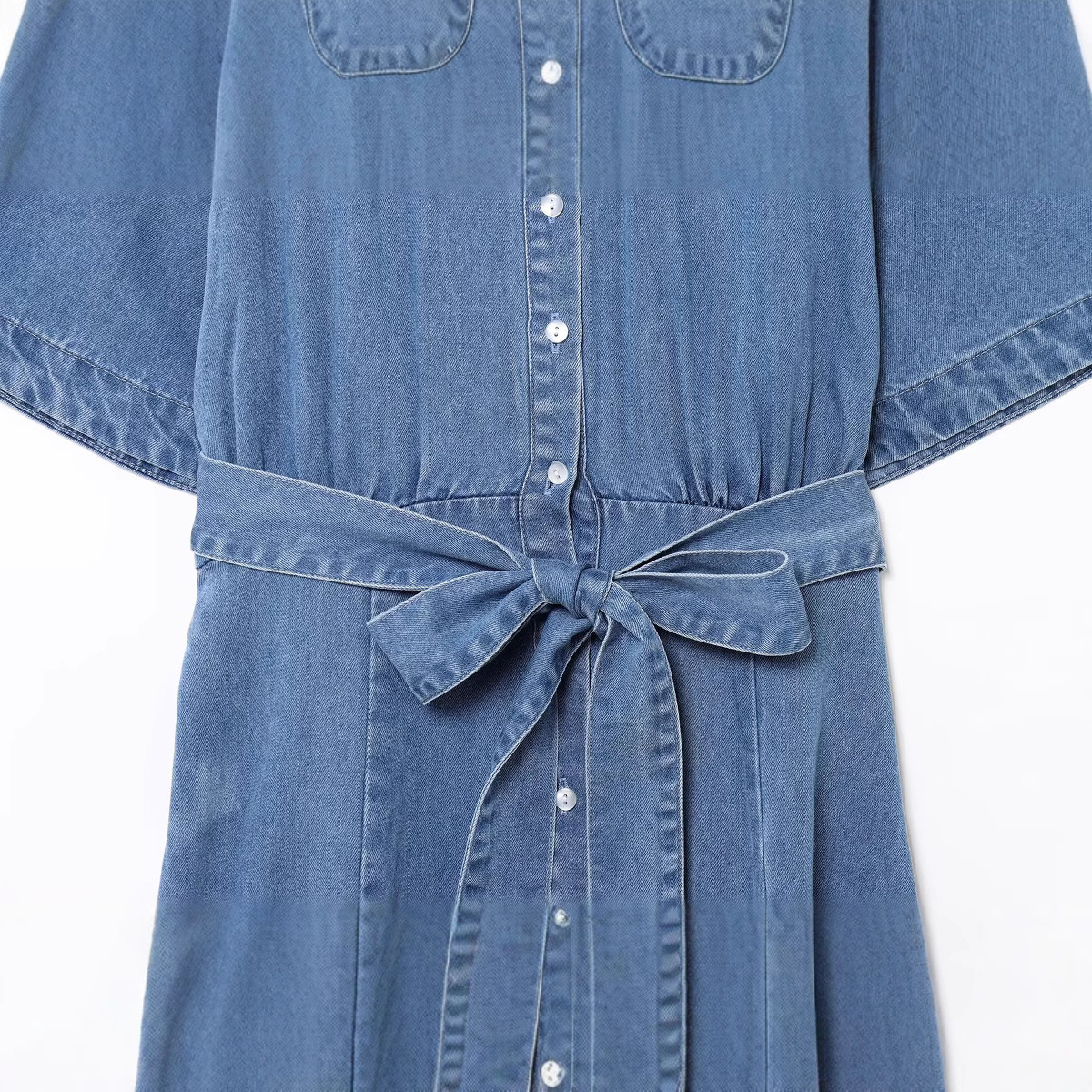 ZBZA Robe en jean à lacets pour femmes, revers, manches courtes, simple boutonnage, jupe mi-longue trapèze, printemps été, nouvelle jupe longue décontractée chic