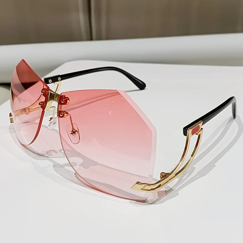Ochelari de soare neregulați fără rame, lentile oceanice gradient șic, nuanțe, ochelari de soare eleganți și la modă, cu picioare scobite: Roz