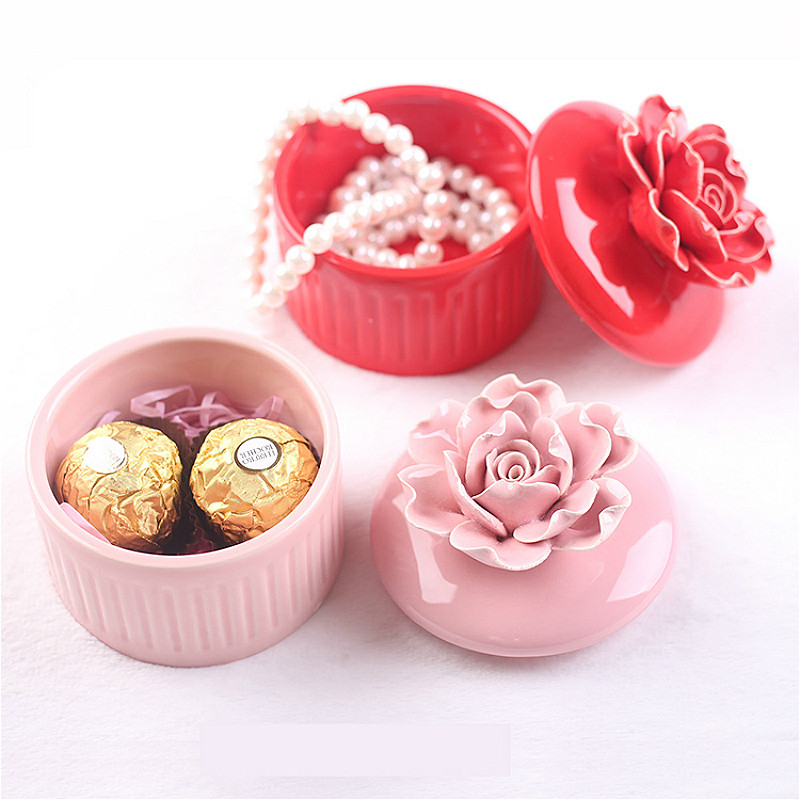 Exquis Rose pot de stockage en céramique artisanat boîte à bijoux mariage boucle d'oreille collier réservoir de stockage sucre bonbons boîte conteneur