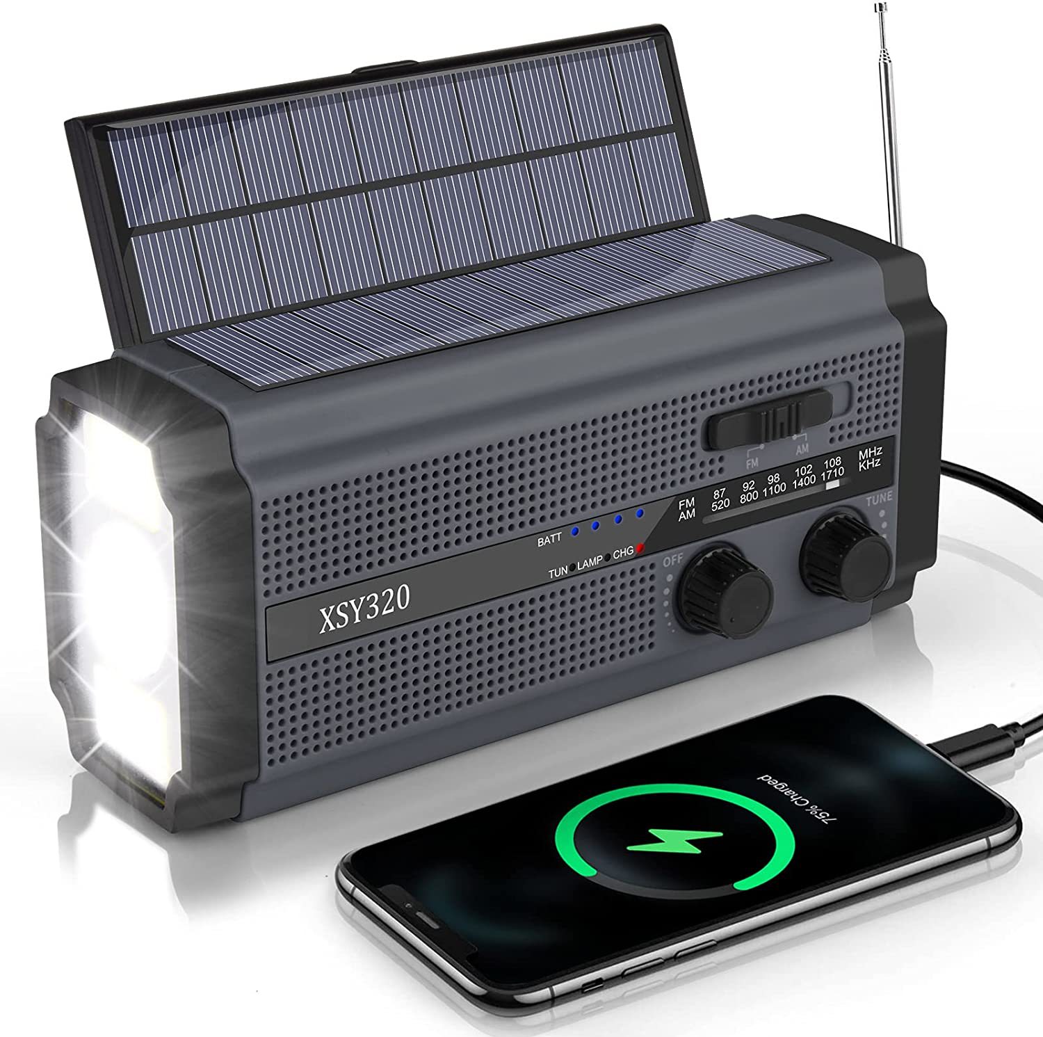 Woopker 5000 mah fm-radio xsy -320 bærbar nødradio håndsveiv solcelleradio am/noaa bærbar led sos-alarm powerbank: Svart