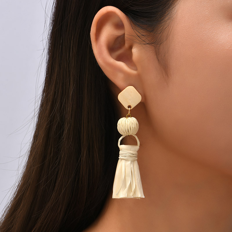 Bohemian Female Handmade Woven Vine Rattan Straw Earrings For Women Boho Geometric Square Wooden Dangle Earring Jewelry