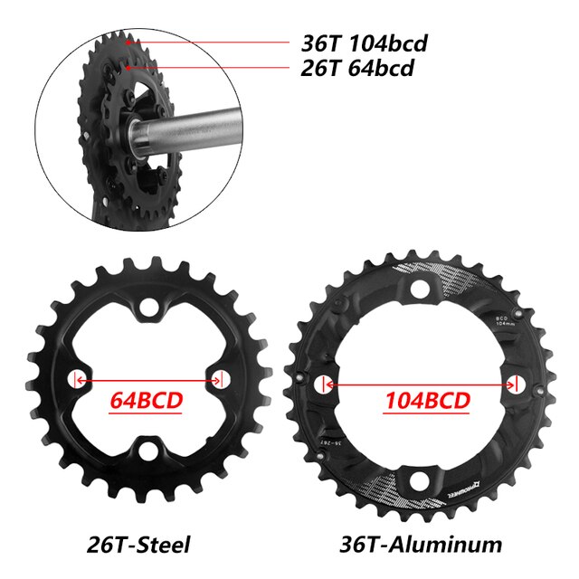 Prowheel 104/64BCD Mtb Fiets Tandwielen Dubbel Kettingwiel 26T 28T 36T 38T 10/11 Speed Kettingblad fiets Crankstel Tandplaat Onderdelen: 26T and 36T