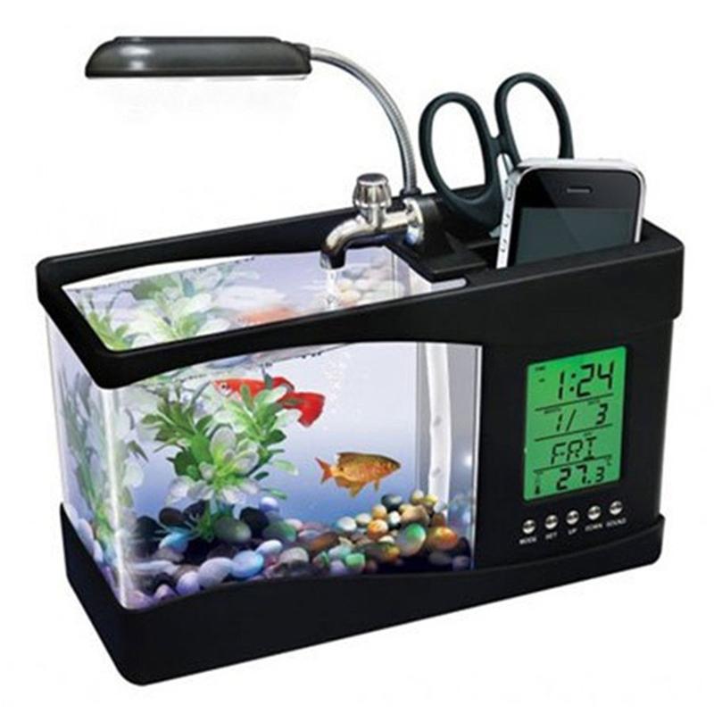 USB Desktop Mini Fish Tank Aquarium Glass LCD Timer Clock LED Lamp Light LED Aquarium Fish Tank Alarm Clock Black/White