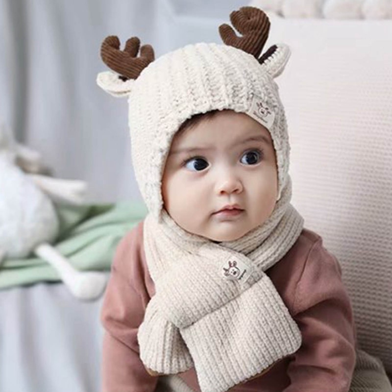 Jul tecknad rådjur mössa halsduk set baby barn vinter varmt öron ansiktsskydd mössa mössa stickade huvudbonader mössor för 0-2 år
