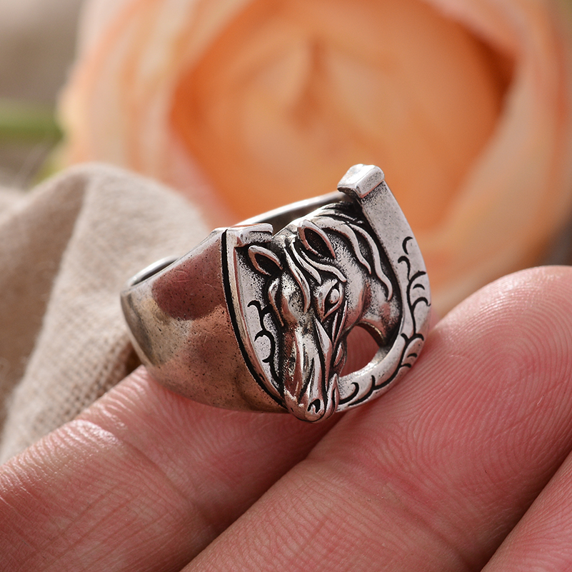 Anillos de Unisex de plata tailandesa con cabeza de caballo y herradura Vintage, joyería Original para mujeres y hombres,