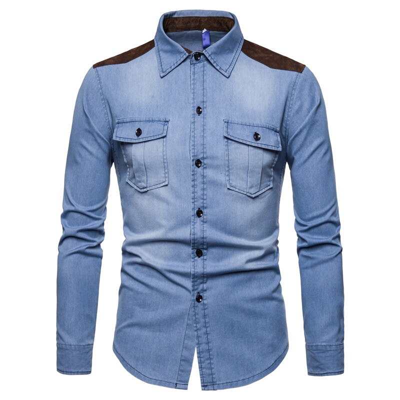 Dongeriskjorte herre langermet herre casual bomull jeansskjorte slim semsket matchende herre solide lommeskjorter topper chemise homme