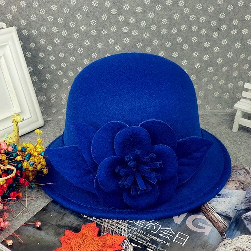 Herbst Winter Wolle Boater Flache Top Hut Für Frauen Filz Breiter Krempe Fedora Hut Jazz Kappe Klassischen Bowler Gambler top Hut: Sapphire blue peony