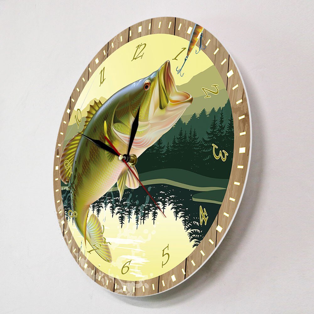 It's Fish O'Clock Fisherman Man Cave Bass Lure Full Color Print Fishing Wall Clock Modern Kitchen Watch Angling Fisherman