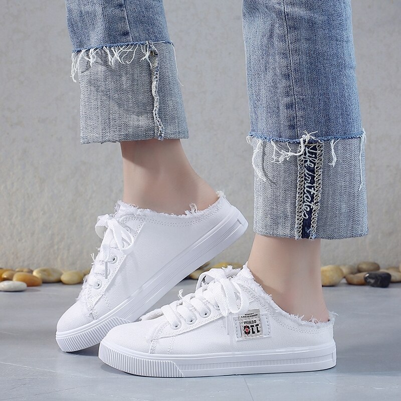 Dames Lærredssko Flade Sneakers Casual Sko Lav Overdel Snøre Sommer Hvid