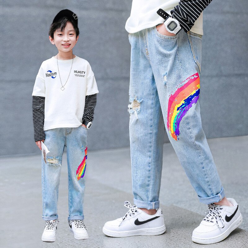 Kids Jeans Boys Clothes Rainbow Print Jeans Children Boys Denim Clothing Trend Long Bottoms Baby Boys Trousers