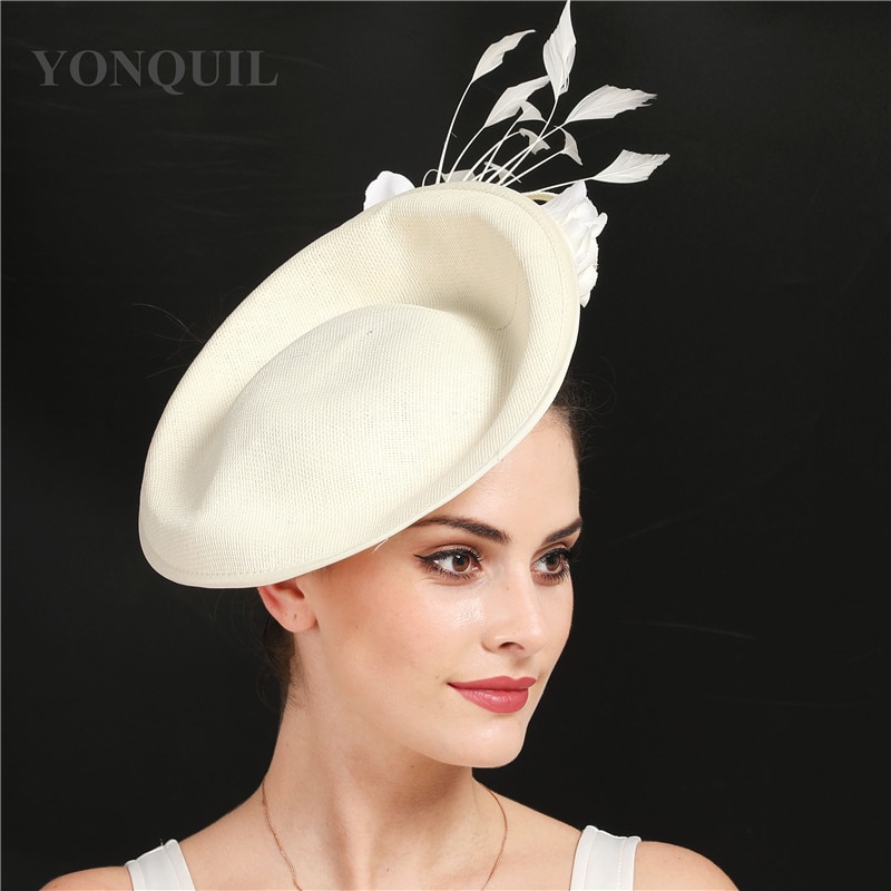 Accesorios para el cabello para boda Beige, sombrero de cóctel de imitación de lino de con flor, sombrero de de Derbi, sombreros y tocados de satén, SYF666