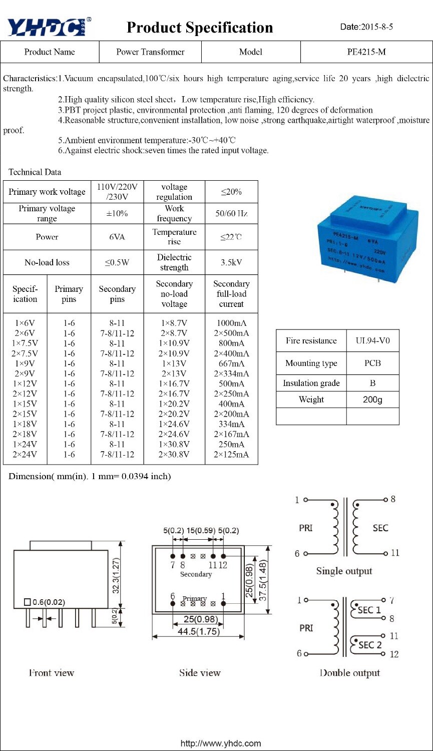 PE4215-M Power 6VA input 220V Output 12V 50-60Hz Vaccum Epoxy Encapsulated PCB Welding Isolation Transformer