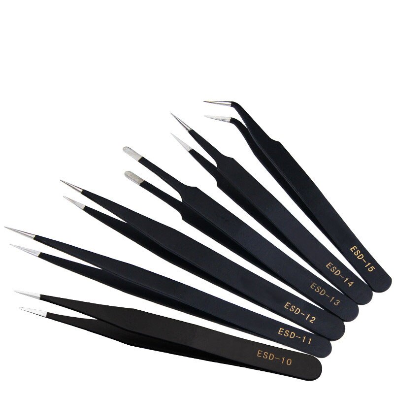 6Pcs Anti-static ESD Stainless Steel Tweezers Maintenance Tools Industrial Precision Curved Straight Tweezers Repair Tool Kit: 6PC-ESD