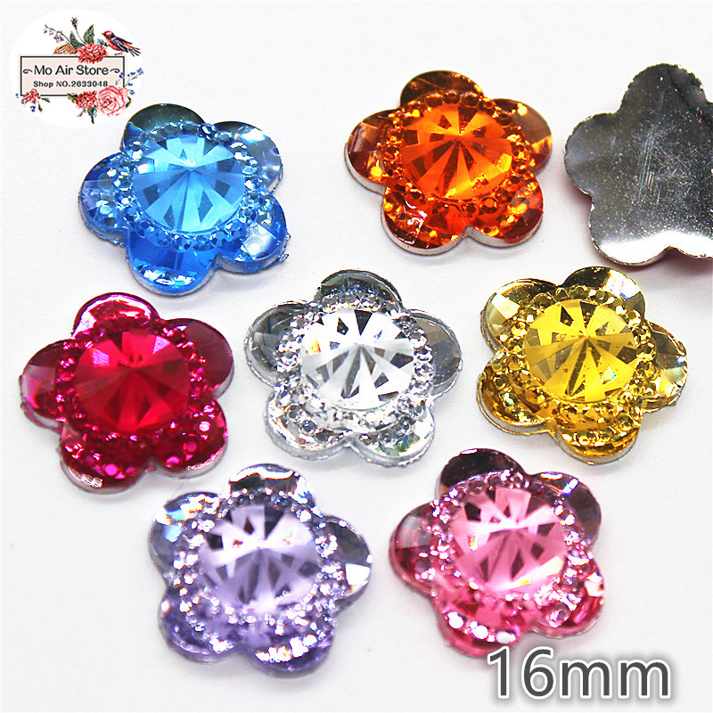 50Pcs Shiny Mix Kleur Bloem Acryl Rhinestone Flat Back Cabochon Art Supply Decoratie Charm Craft Diy 15Mm Geen gat