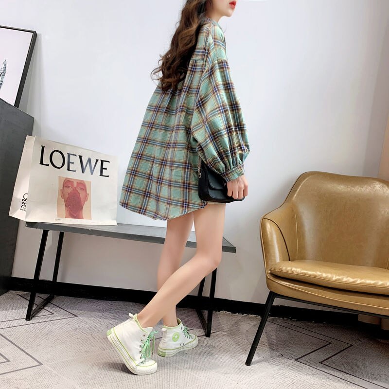 Shirts Women Solid Plaid Chic Outwear Loose Popular Chic Womens Korean Style Sweet All-match Young