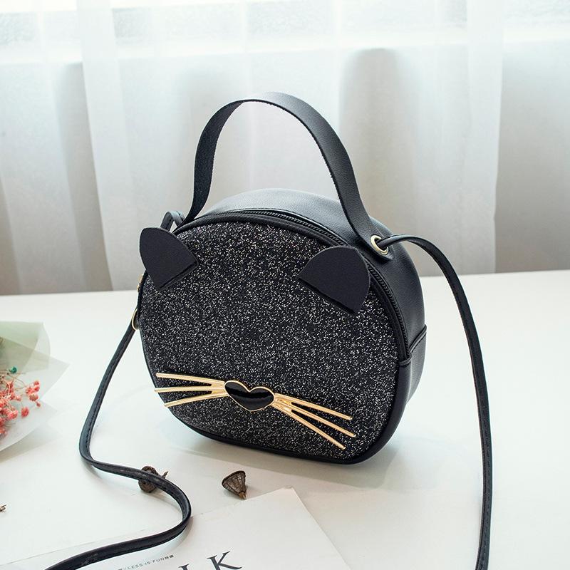 Mini rund crossbody taske sød kat leopard med pu læder piges messanger pung bosla kvinder runde skuldertasker: Sort