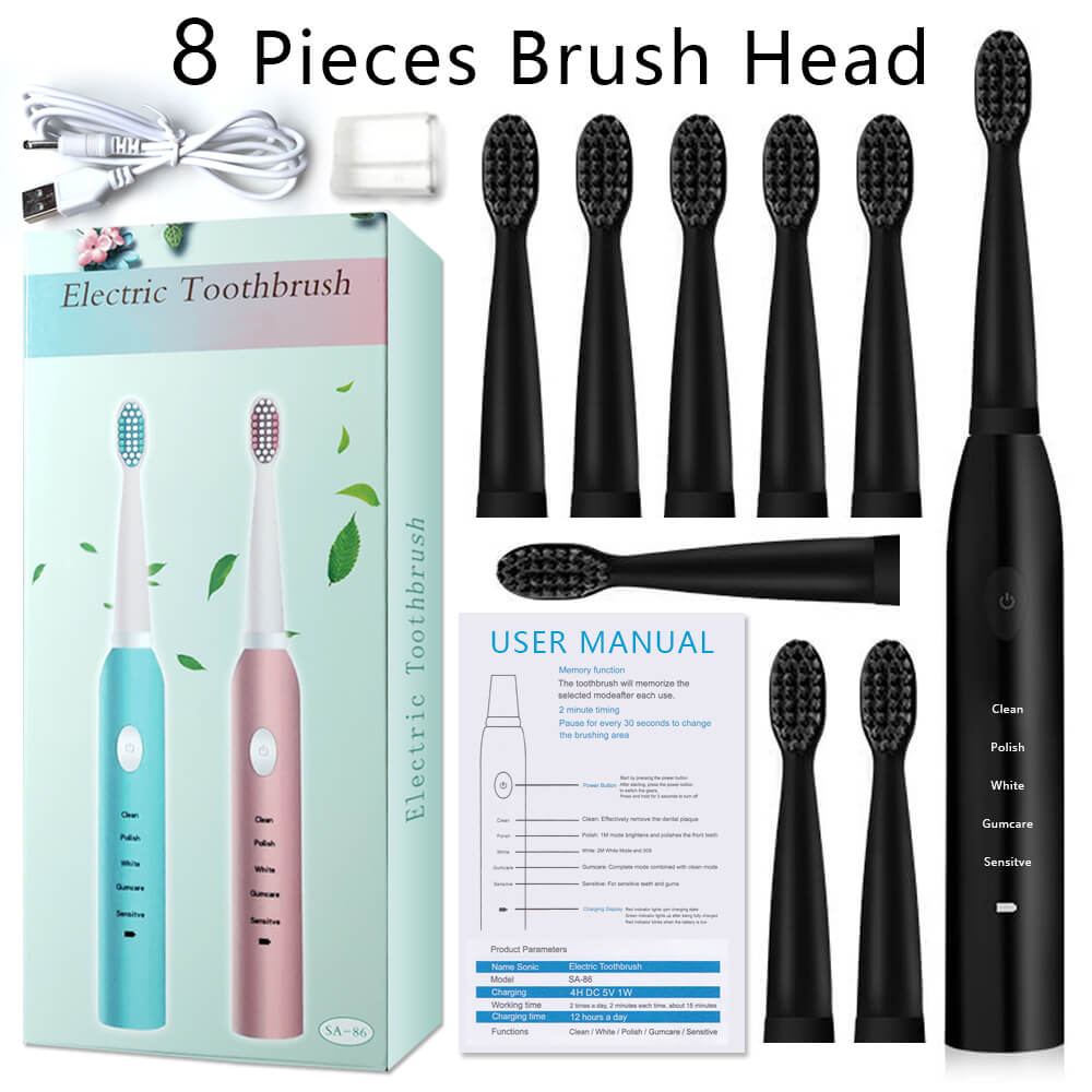 Ultrasonic Electric Toothbrush Rechargeable Dental Scaler Tooth Calculus Cleaner Portable Remover Stains Dentist Brush Heads Box: Black with 8 heads