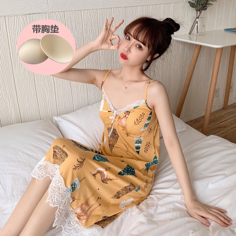Sling Rok + Bh Nachtjapon Vrouwelijke Zomer Kant Sexy Nachtjapon Vrouwen Nachtkleding Koreaanse Homewear Nachtkleding Slaap Tops Cartoon: YQM988-2yellow / Xxl