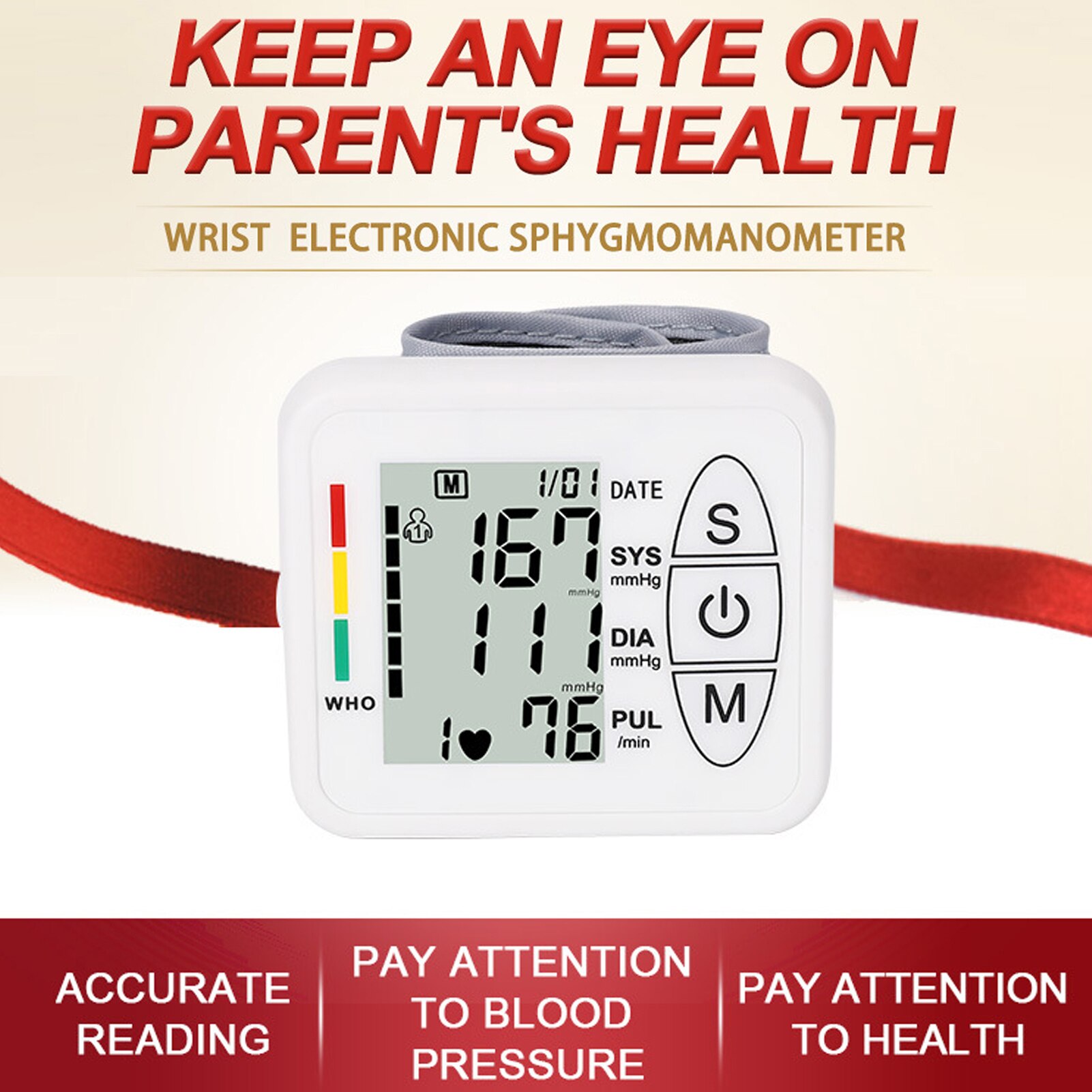 Digital Blood Pressure Monitor Heart Rate Pulse Tonometer Meter LCD Display Portable &amp; Household Arm Band Type Accurate Reading
