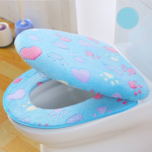 Blød koral fløjl varm toiletsæde sæt sæt vaskbar elasticitet toilet låg sæde dække badeværelset sæt: Blå