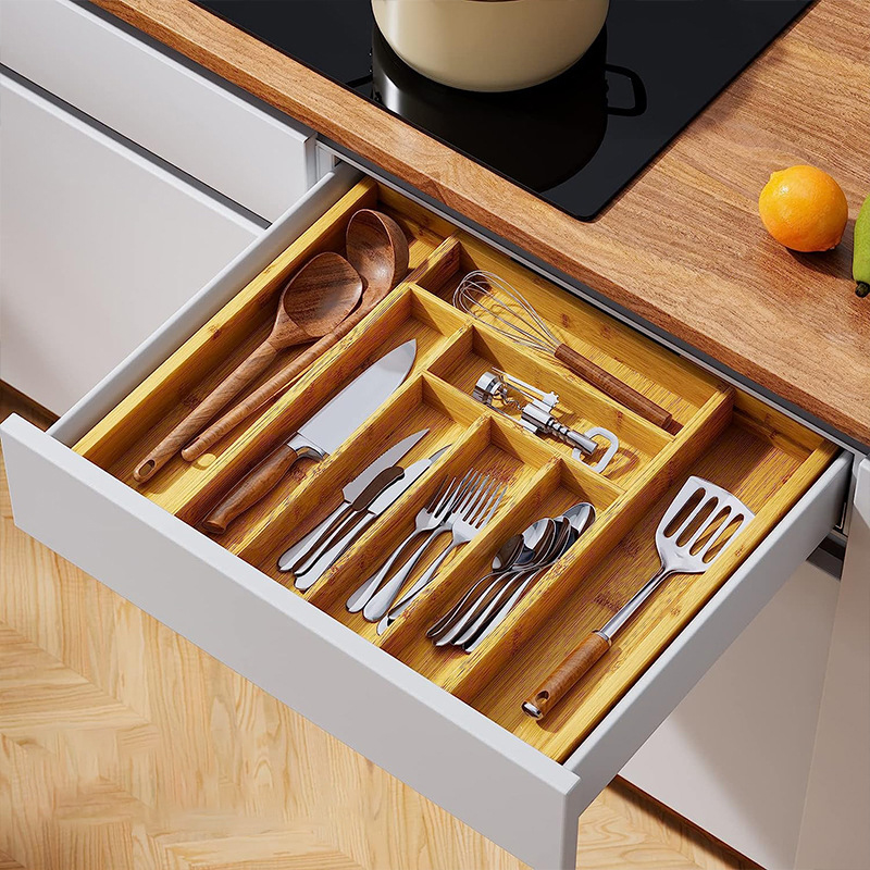 Erweiterbares Schubladentablett aus Bambus für Utensilienhalter, verstellbarer Besteck-Organizer, Schubladenteiler aus Holz, Organizer für Besteck
