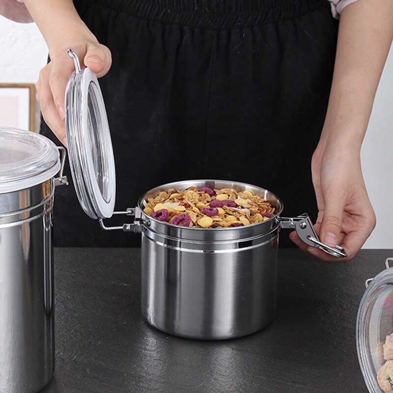 Recipiente hermético de acero inoxidable para café, bote de almacenamiento para café, arroz, té, especias y hierbas (cuchara de ), 0.4L-1.7L