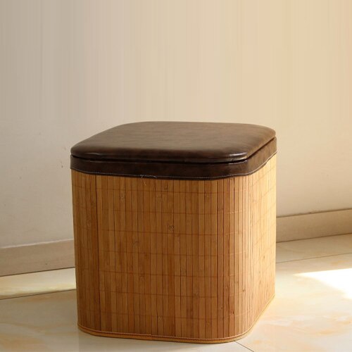 Massivt træ bambus opbevaringsskammel osmannisk multifunktionel dør side køkken fodskammel bænk pu blødt sæde organisation kurv kasse: Khaki wide-s