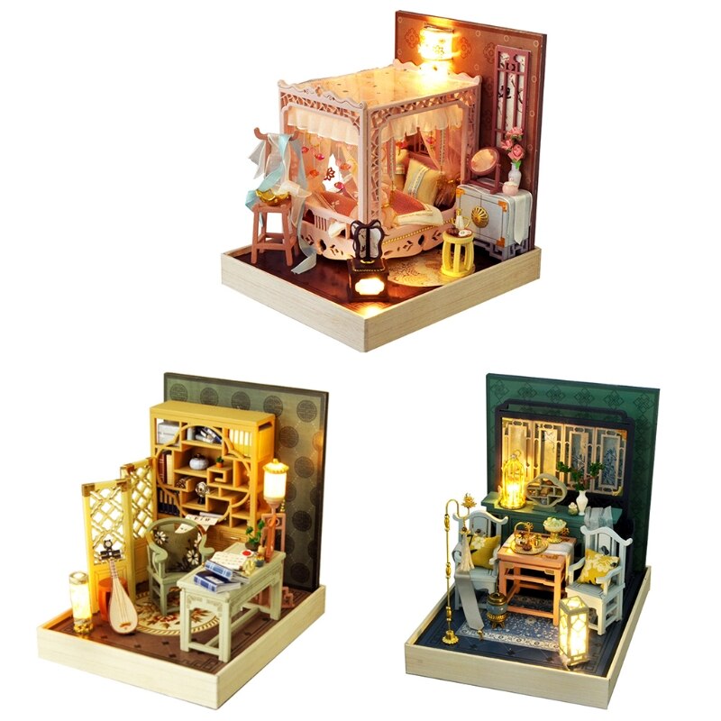 Dockhus miniatyr med möbler, diy hus kit plus dammtät  , 1:24 liten hus byggnad kit ， (kinesiska antika）