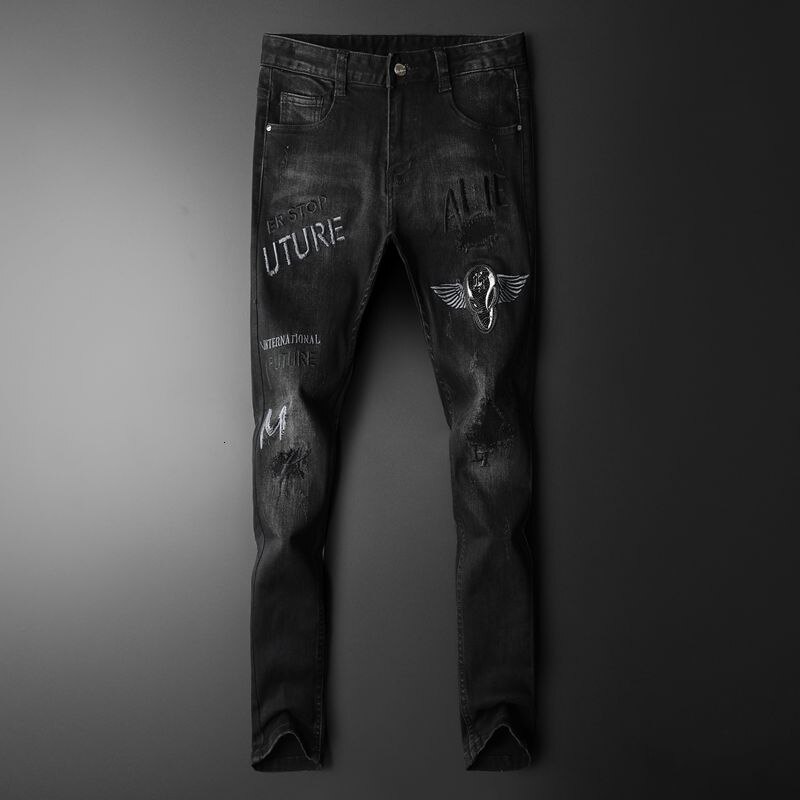 Black Spring Men Holes Jeans European High Street Motorcycle Biker Jeans Men Hip Hop Ripped Slim Jeans Pants: 34