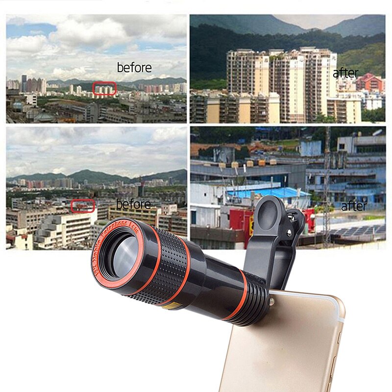 Clip-on 8X/12X Zoom Optical Telescope Lens HD Camera Telephoto Mobile Phone with Clips For iPhone For Universal Mobile Phone