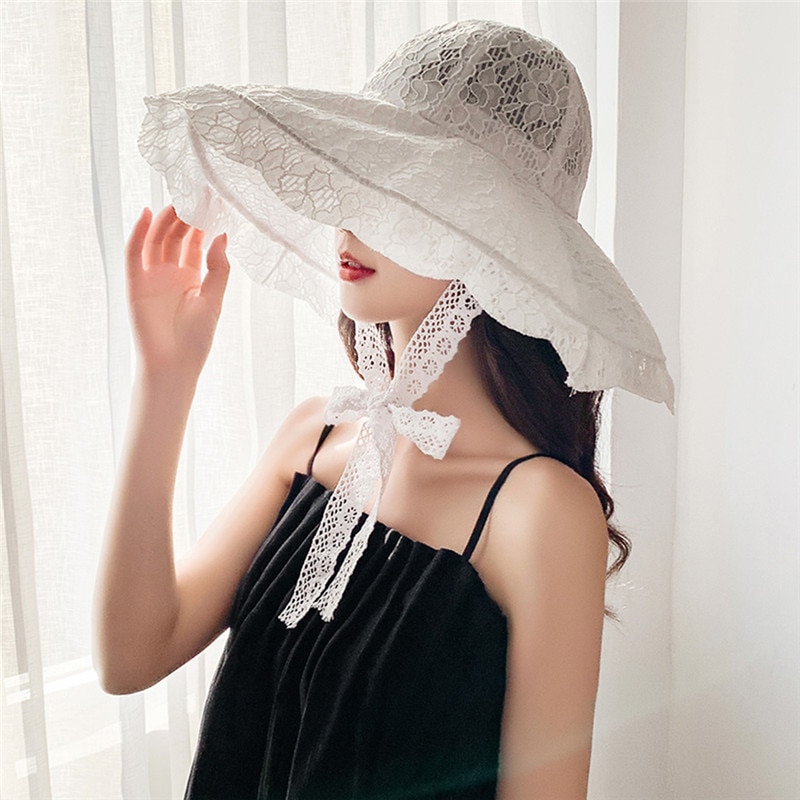 Grand chapeau de soleil à large bord chapeau de dentelle souple été blanc dentelle noire église fête chapeaux de mariage chapeau de plage emballable