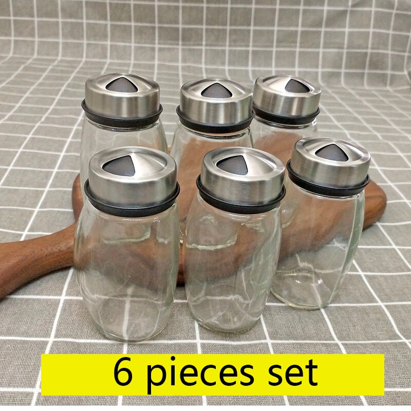 Staal Glas Cruet Kruiderij Kruidkruiken Set Zout Peper Shakers Kruiden Sprays Roterende Roestvrij: 6 pcs set