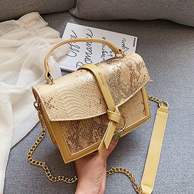 Dames chian schoudertassen casual serpentine leren vierkante tassen voor dames pu slangenpatroon koerierstas: Geel 1