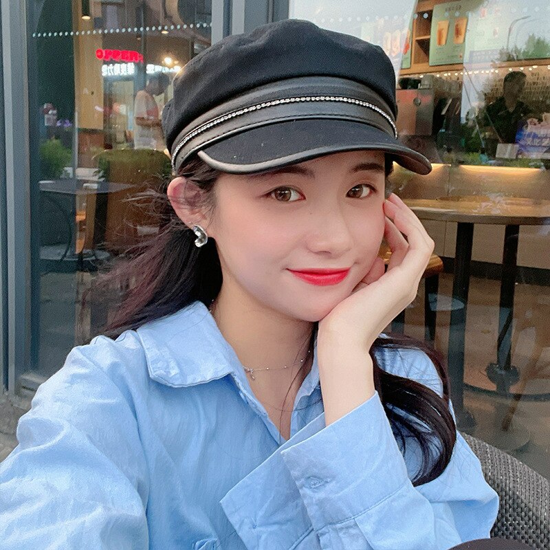 Korean Style Cotton Octagonal Cap Vintage Beret Hats For Women Autumn Newsboy Caps French Artist Hat Simple Beret para la Mujer: Black