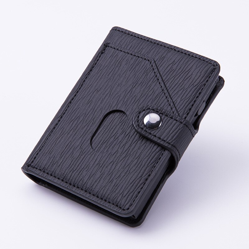 Pitébo – boîte à cartes en cuir NFC en fibre de carbone, brosse antivol, pack de cartes pour hommes et femmes, bouclier de grande capacité RFID pop-up automatique: Black Wood grain