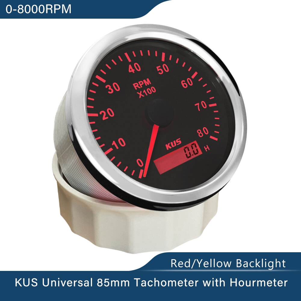 KUS 85mm Tachometer RPM Gauge REV Meter With Hour Meter 0-8000RPM 12V/24V With Backlight