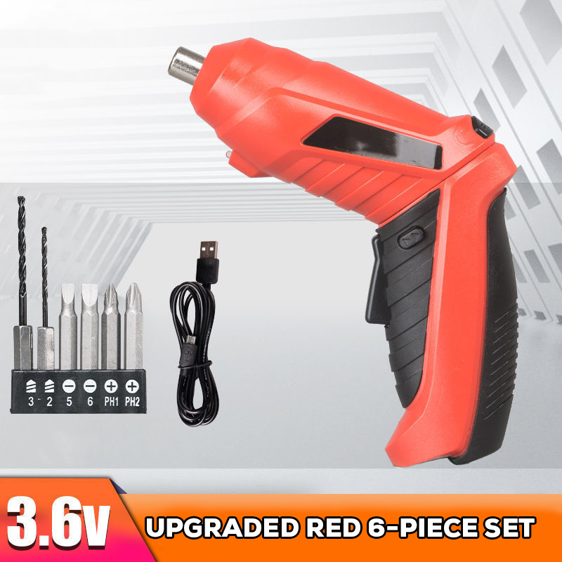 Electric Screwdriver 3.6V Portable USB Charging Cordless Battery Screwdriver Power Drill Bit Screw Driver Kit Hand Repair Tools: Red-6