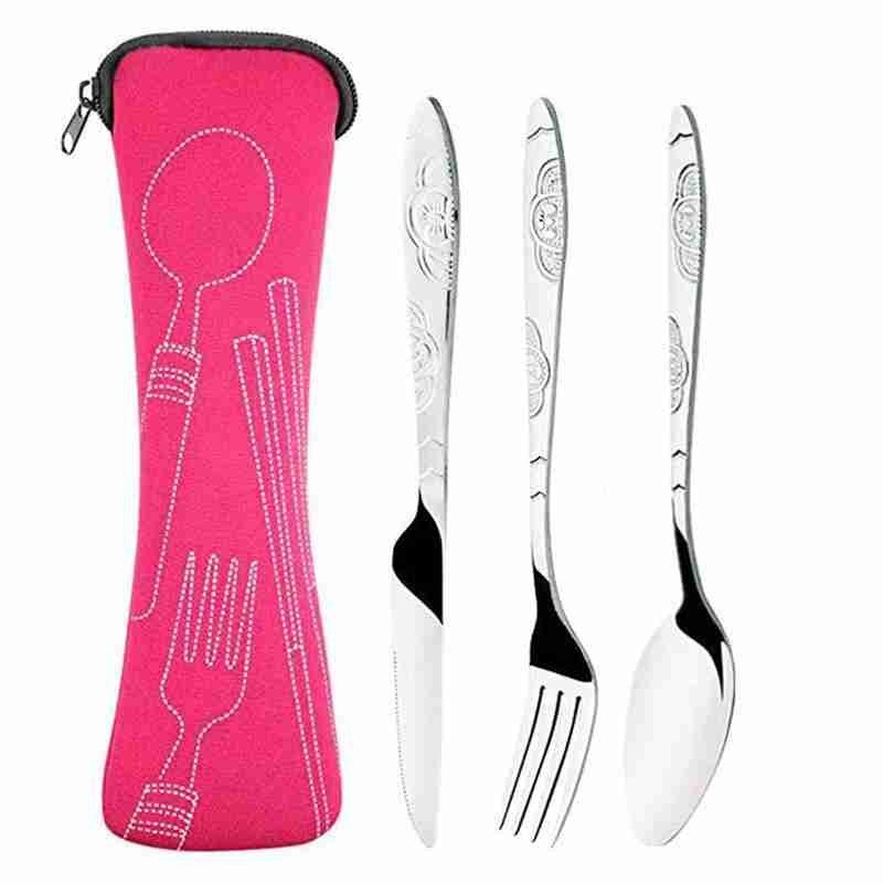Cuchillos de acero con tenedor y cuchara para viaje familiar, conjunto de cubertería portátil con bolsa de almacenamiento, 4 Uds.