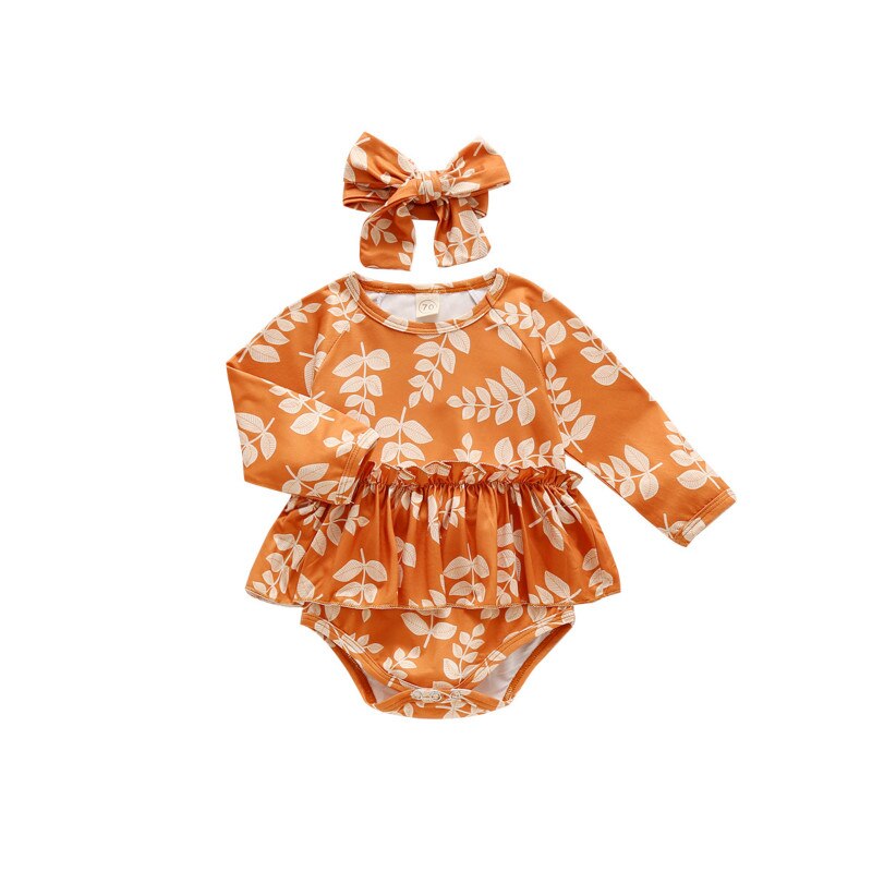 Småbørn piger rund krave jakkesæt baby langærmet bodysuit i ét stykke med sløjfe, sommerblade jumpsuits forår efterår tøj: Gul / 24m