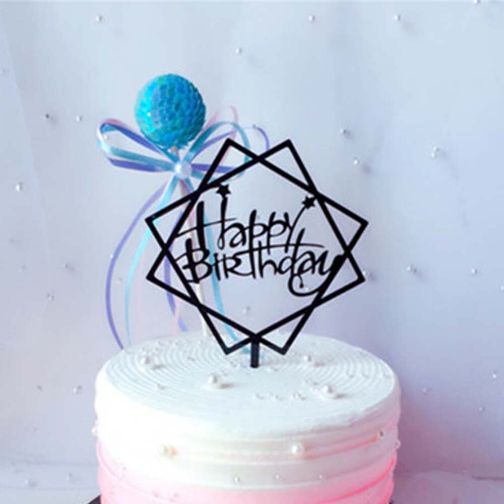 Gold Silver Black Pink Acrylic Hand writing Happy Birthday Cake Topper Dessert Decoration for Birthday Party Lovely: Black