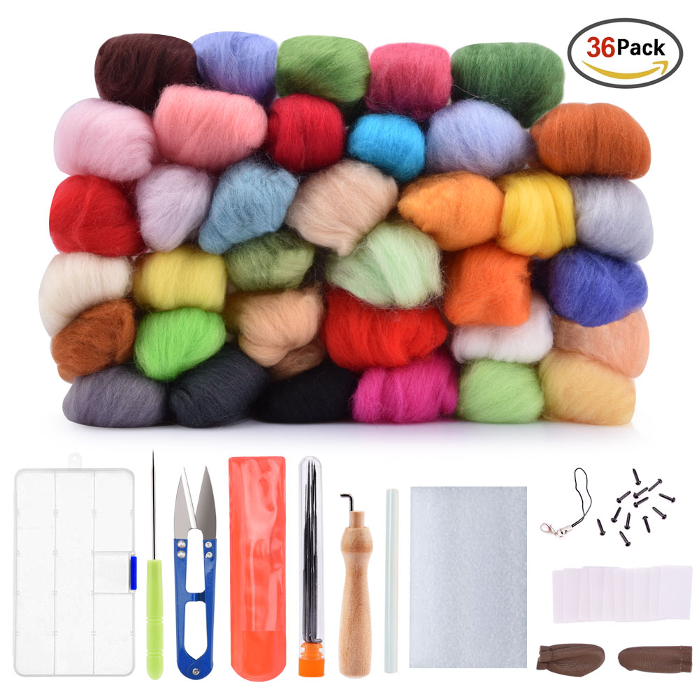 Kit de tela de fieltro de lana para Hacer bolas de Navidad, juego de agujas de fieltro con mango, para manualidades, DIY, 36/50 colores: 36 Wool Felt-Tool