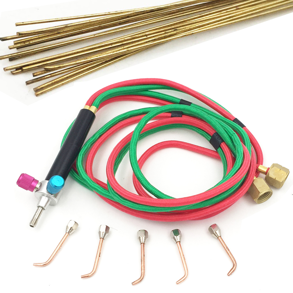 La pequeña antorcha de gas de soldadura con 5 puntas y manguera doble Flexible para soplete de oxígeno acetileno y 5 uds. Varillas de soldadura de 25cm